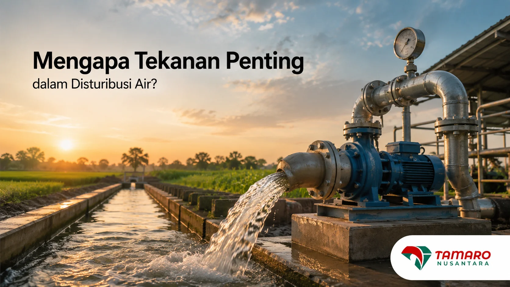 Pompa irigasi dengan sistem perpipaan menyalurkan air ke lahan pertanian dengan tekanan yang sesuai.