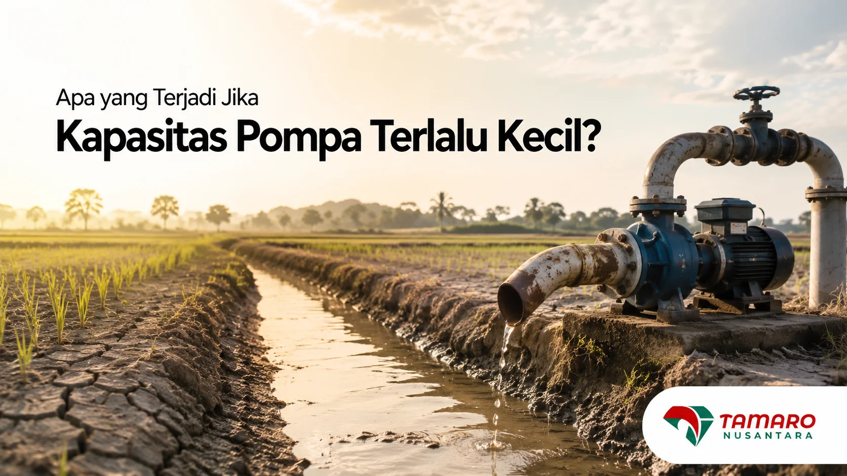 Pompa irigasi dengan kapasitas kecil mengalirkan air ke saluran irigasi di area pertanian.