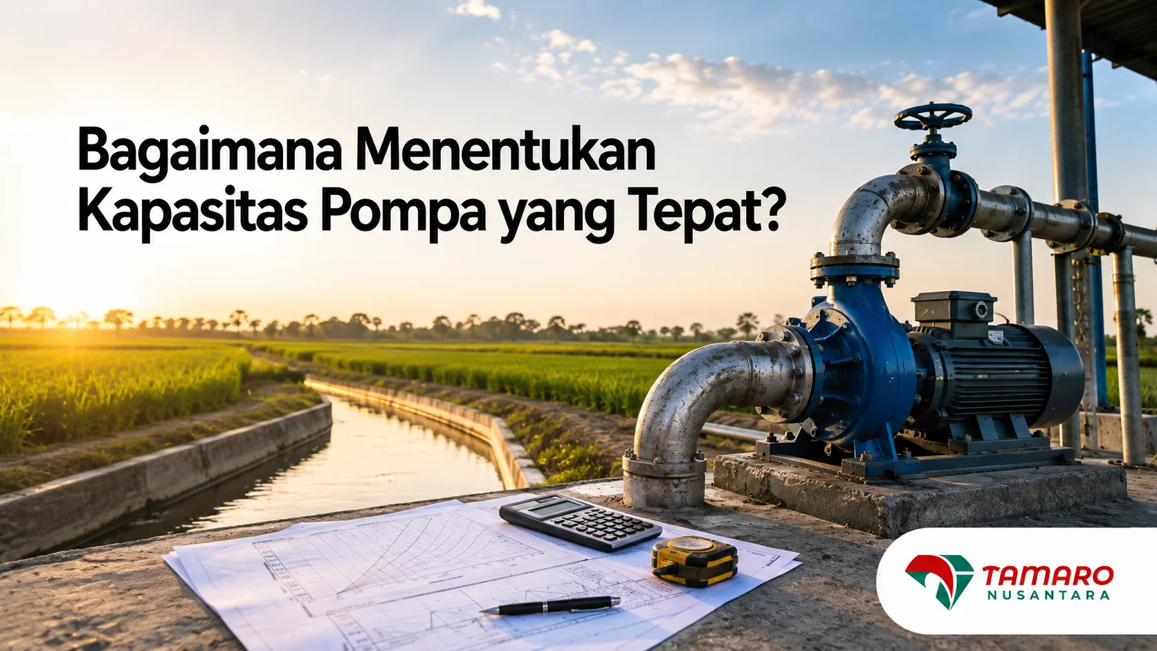 Pompa irigasi di area persawahan dengan saluran distribusi air.