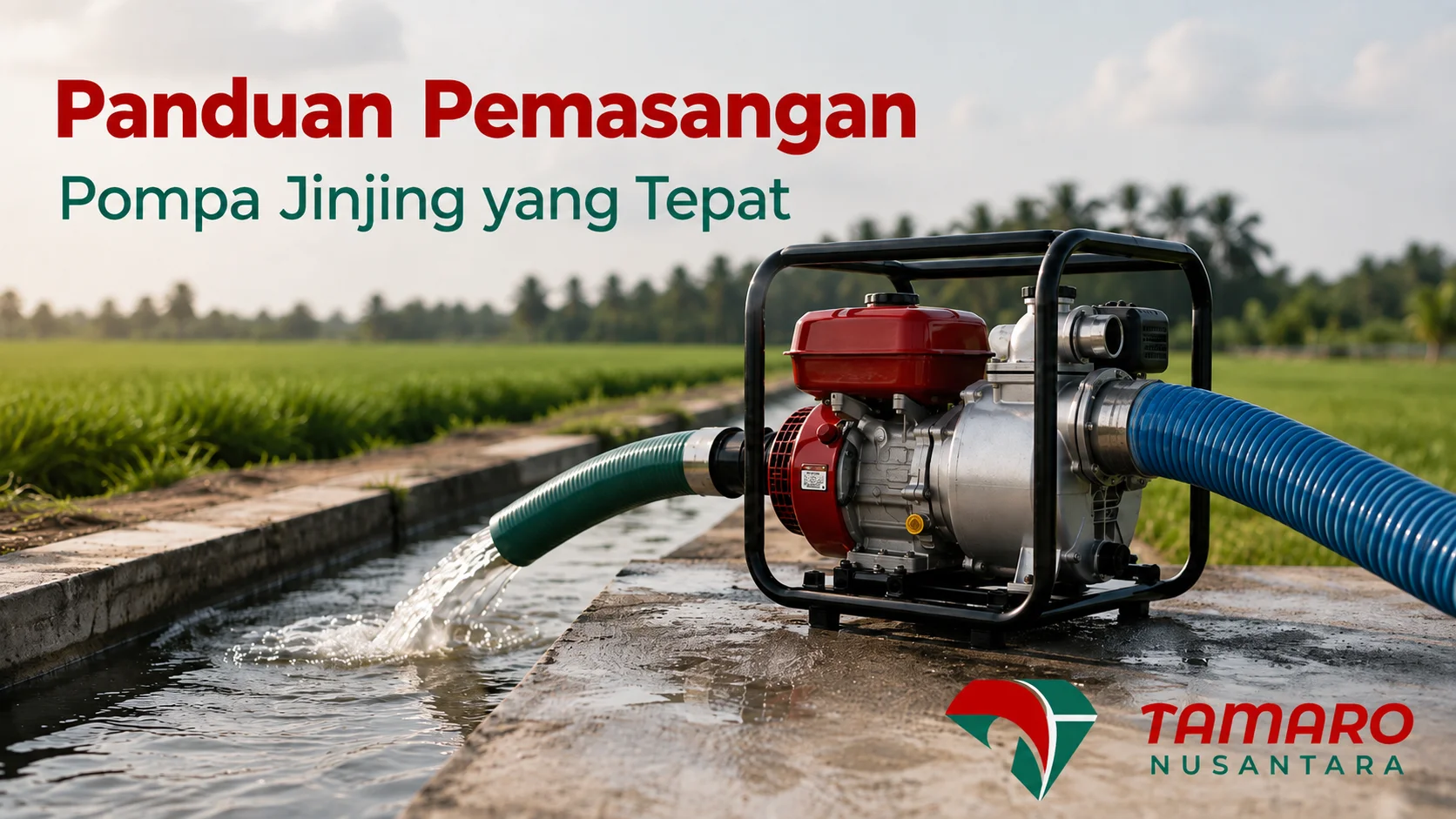 Pompa jinjing dipasang stabil untuk kebutuhan irigasi dan pemindahan air.
