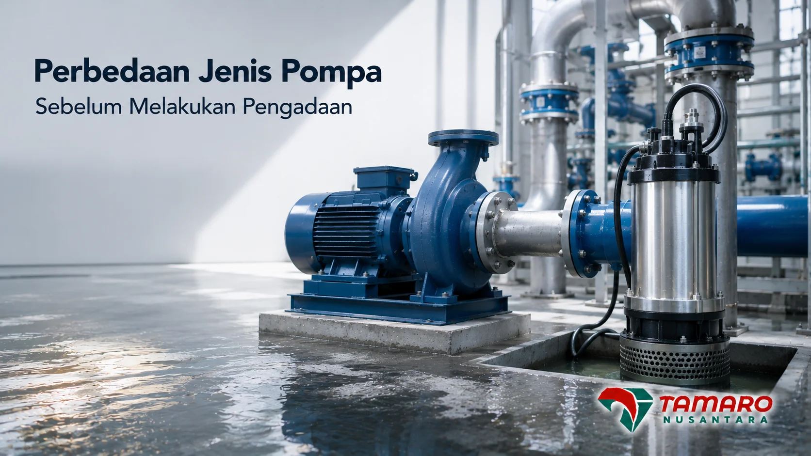 Pompa centrifugal dan submersible dalam instalasi pemompaan untuk membandingkan jenis pompa sebelum pengadaan.