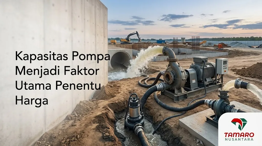 Banner pompa drainase di proyek dengan teks faktor harga.