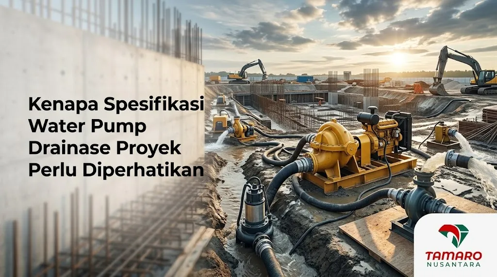 Banner dengan foto pompa air sedang beroperasi di lokasi konstruksi dan teks "Mengapa Pompa Proyek Itu Penting".