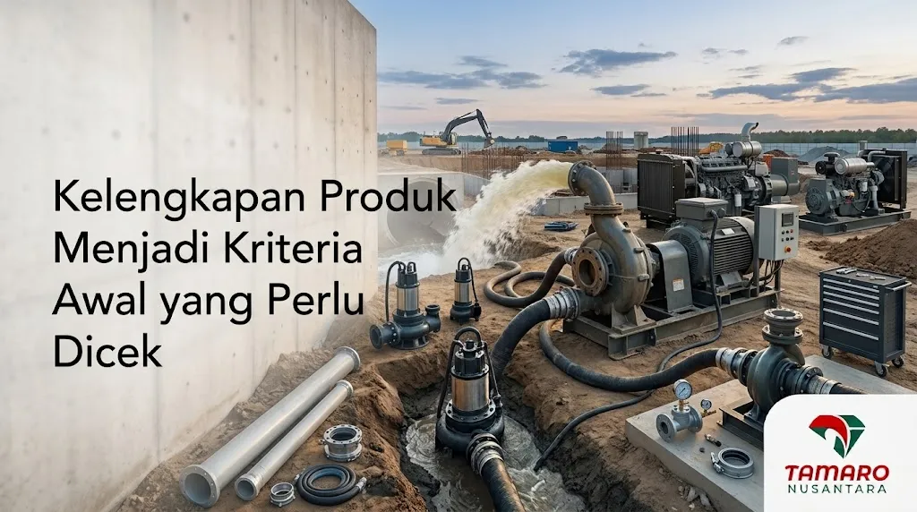 Banner pompa drainase dengan teks kriteria supplier.
