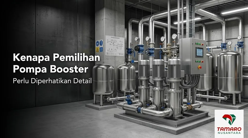 Banner sistem pompa booster air dengan teks tips pemilihan unit.