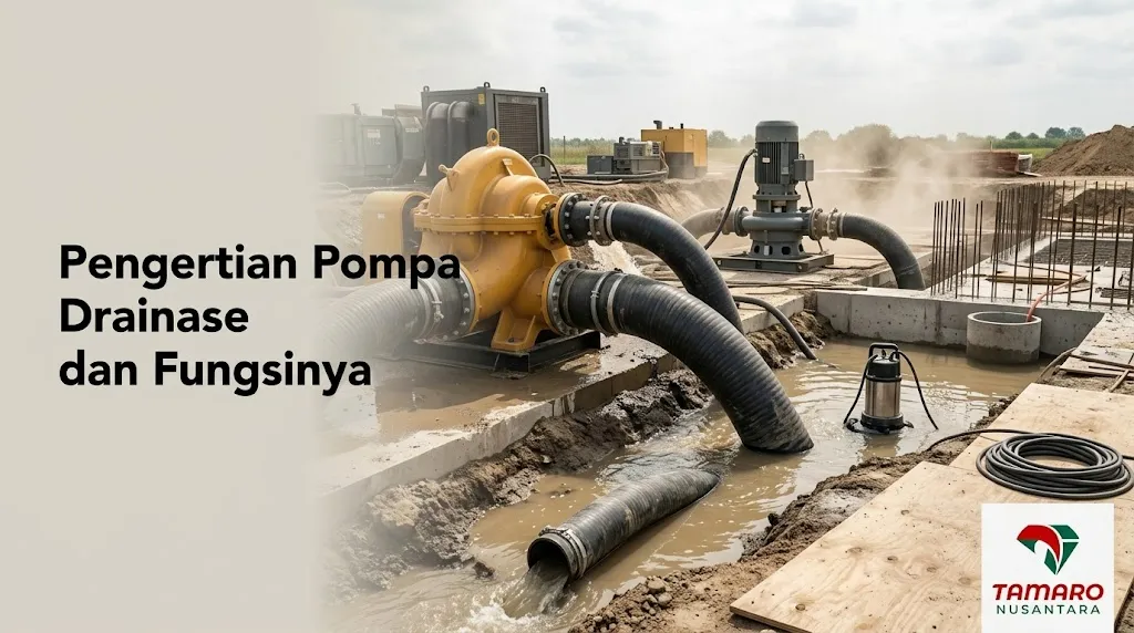 Banner industri dengan gambar pompa drainase di lokasi konstruksi dan teks judul "Pengertian Pompa Drainase dan Fungsinya".